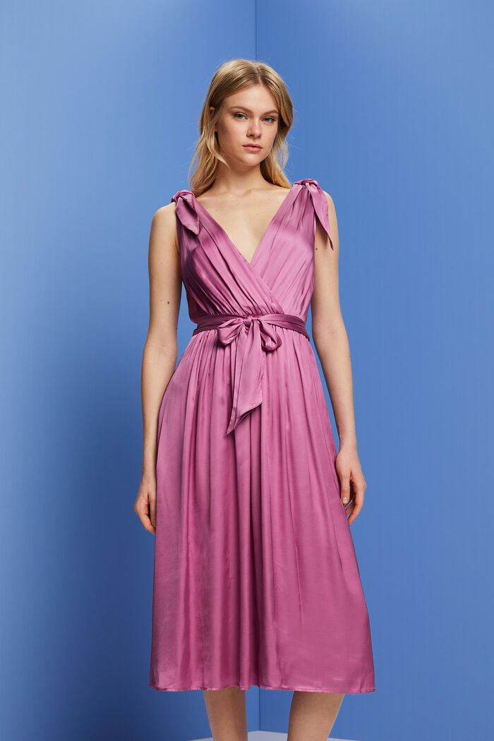 Satynowa sukienka midi z wiązaniami na ramionach, VIOLET, detail image number 0