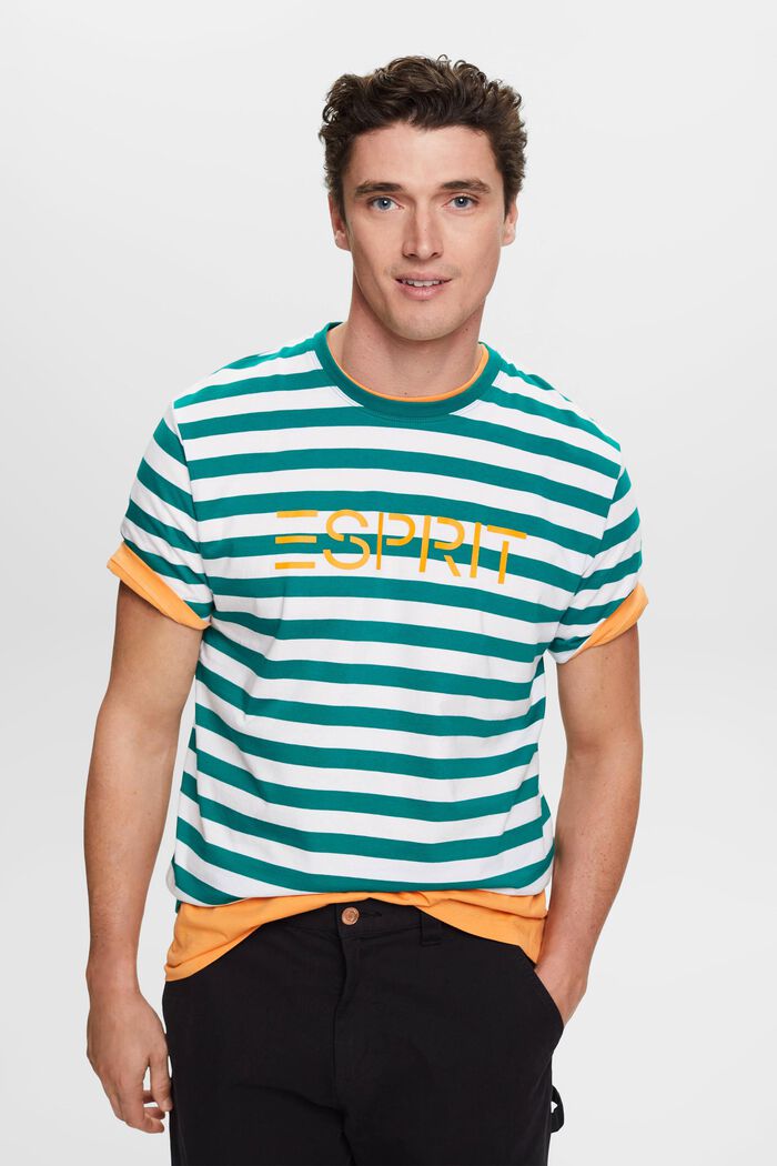 T-shirt w paski z bawełny, EMERALD GREEN, detail image number 0