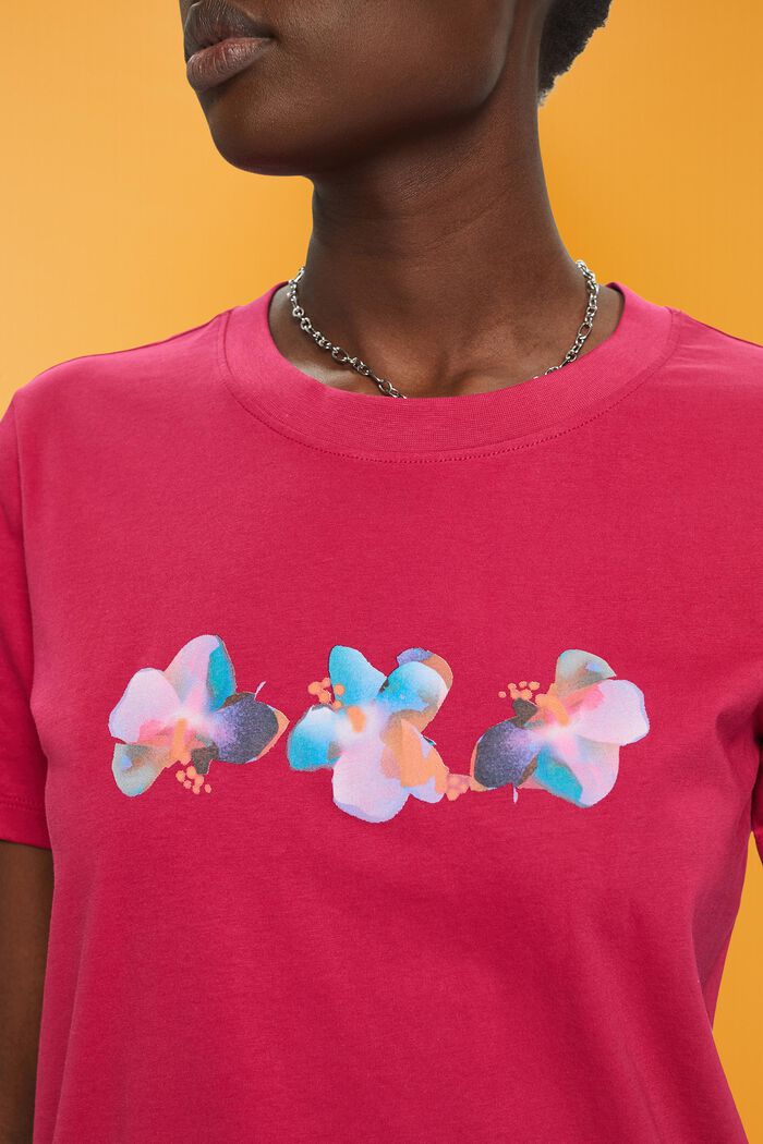 Bawełniany T-shirt z nadrukiem w kwiaty, DARK PINK, detail image number 2