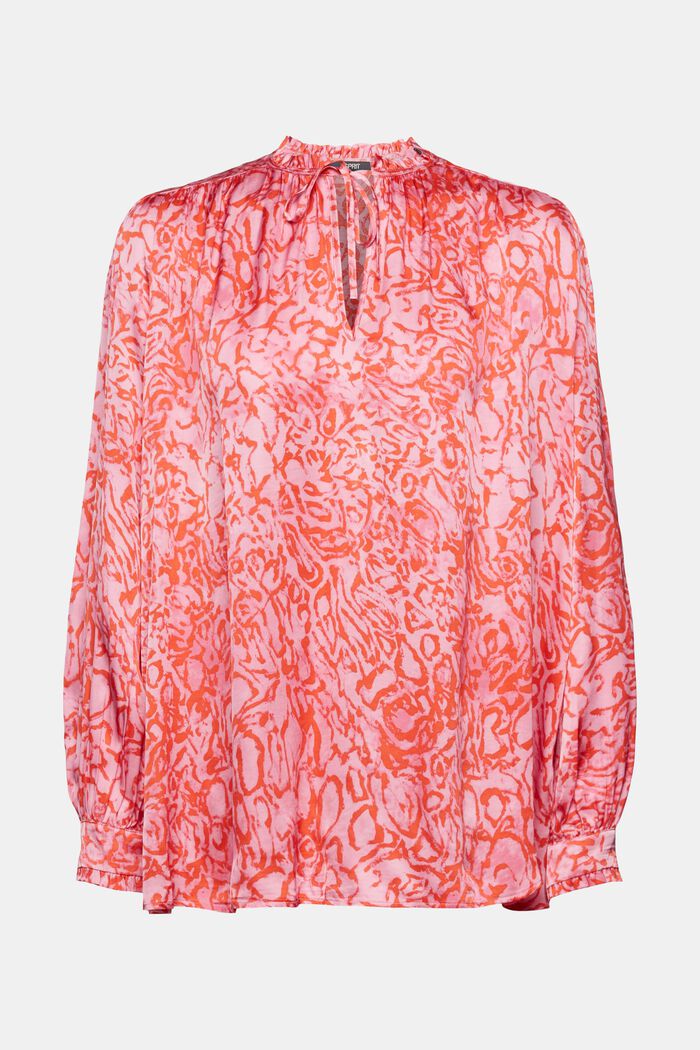 Wzorzysta, satynowa bluzka z falbankami na brzegach, PINK, detail image number 7
