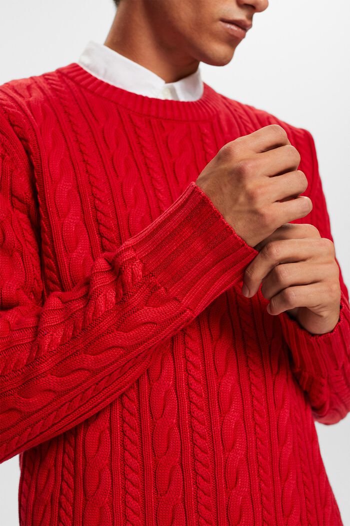 Sweter z bawełnianej dzianiny w warkocze, DARK RED, detail image number 1