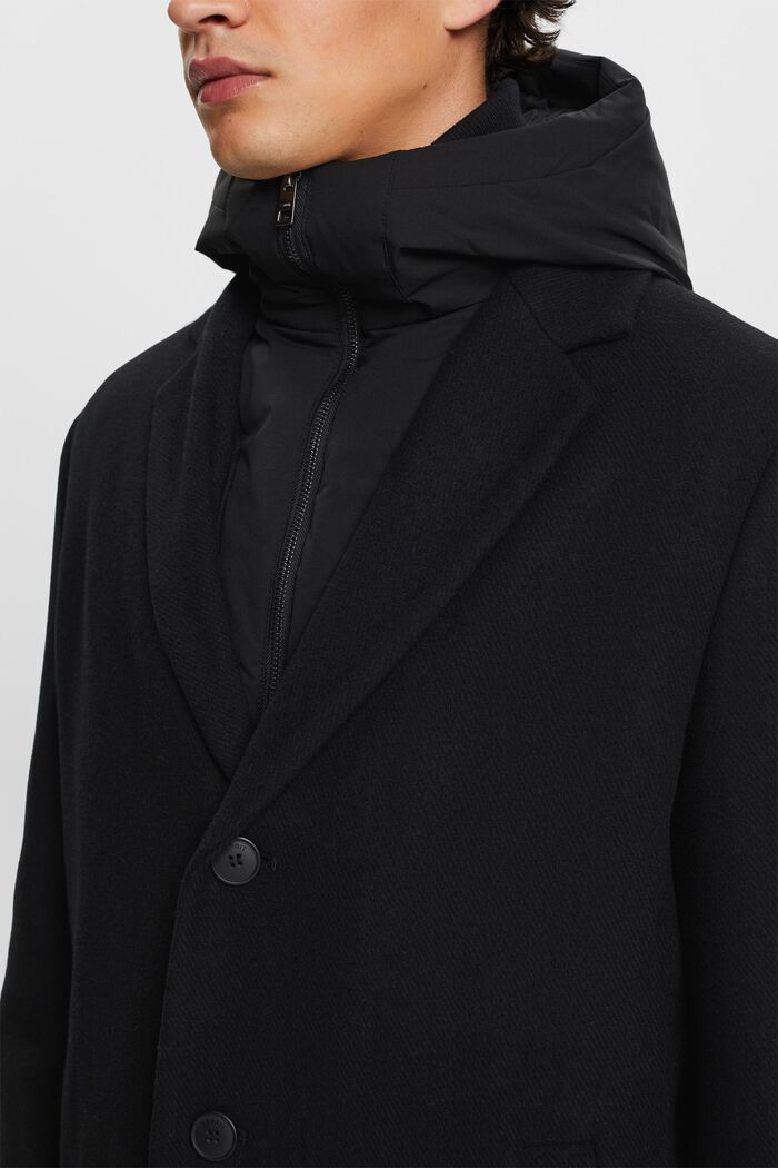Płaszcz z mieszanki wełnianej z odpinanym kapturem, BLACK, detail image number 1