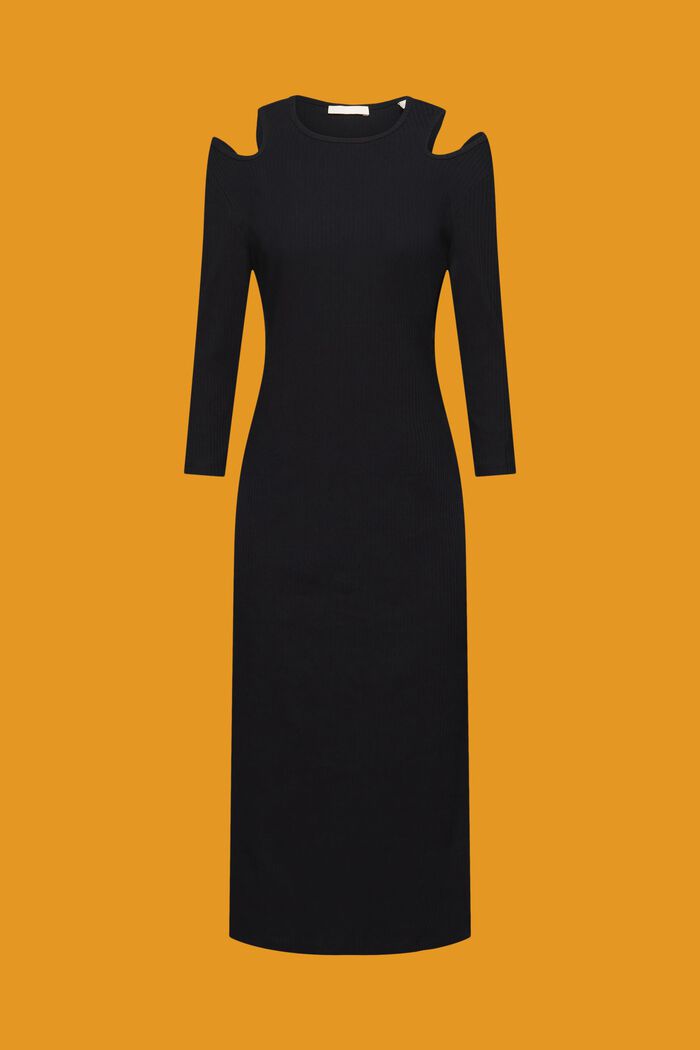 Prążkowana sukienka midi z wycięciem w partii ramienia, BLACK, detail image number 6