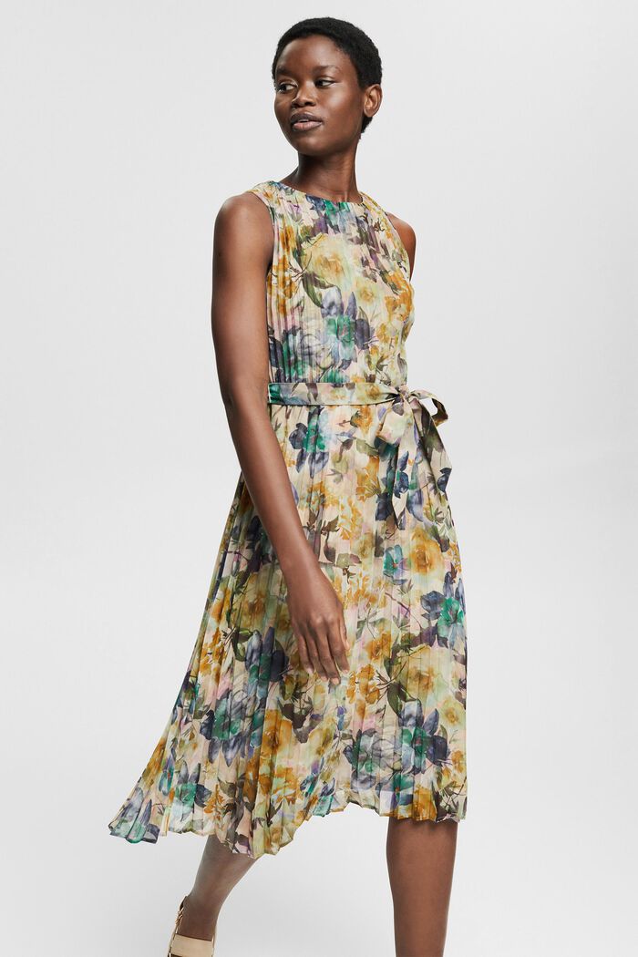 Z recyklingu: plisowana sukienka z nadrukiem w kwiaty, OFF WHITE, detail image number 0