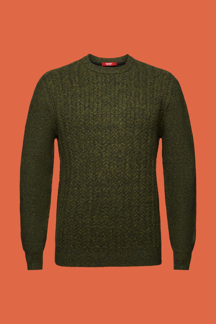 Melanżowy sweter z okrągłym dekoltem z dzianiny w warkocze, OLIVE, detail image number 6