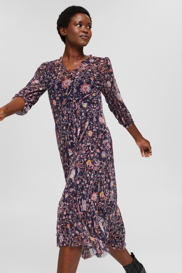 Plisowana sukienka z siateczki z nadrukiem w kwiaty, NAVY, overview