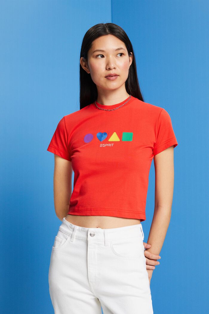 T-shirt z bawełny organicznej w geometryczny wzór, ORANGE RED, detail image number 0