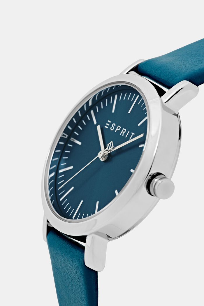 Zegarek ze stali szlachetnej ze skórzanym paskiem, BLUE, detail image number 1