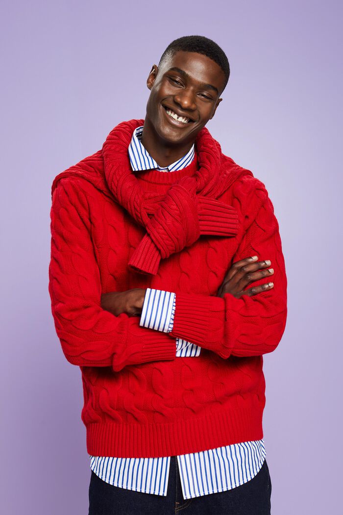 Wełniany sweter z dzianiny w warkocze, DARK RED, detail image number 2