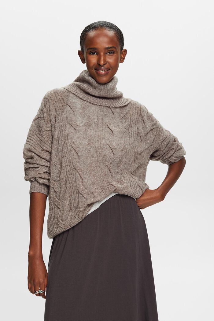 Sweter z półgolfem z wzorem w warkocze, BROWN GREY, detail image number 4