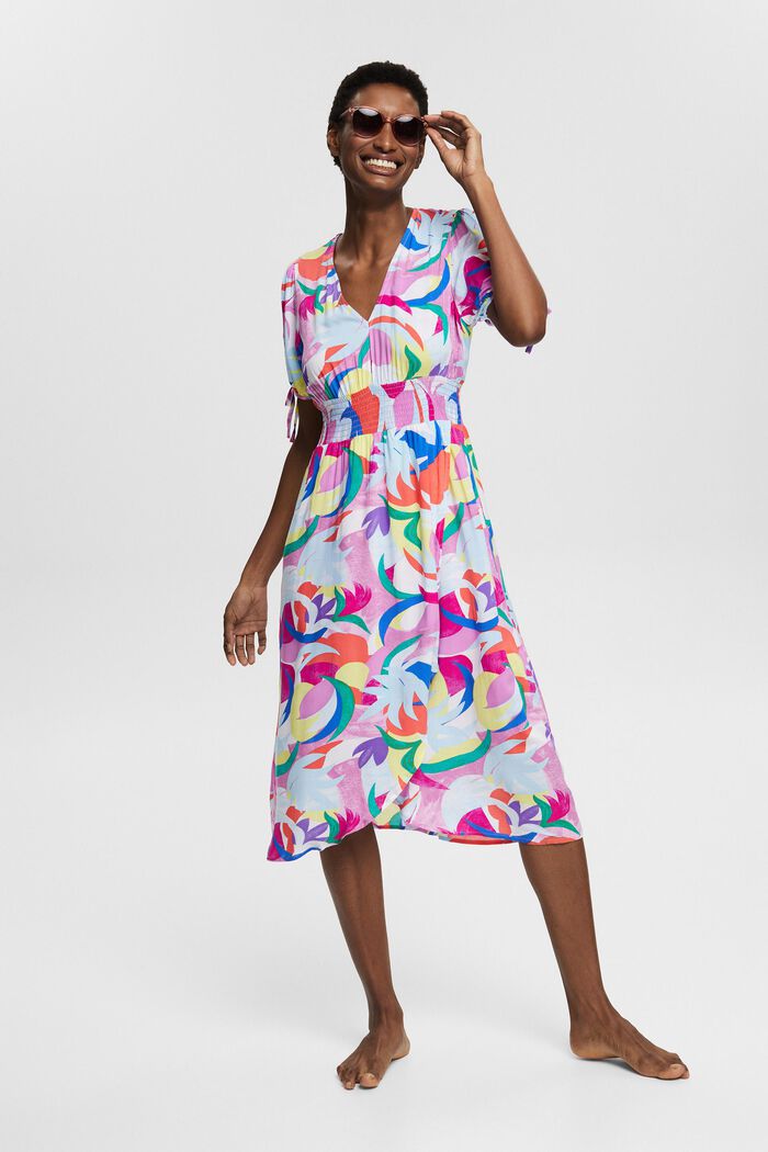 Kolorowa, wzorzysta sukienka, LENZING™ ECOVERO™, VIOLET, detail image number 4