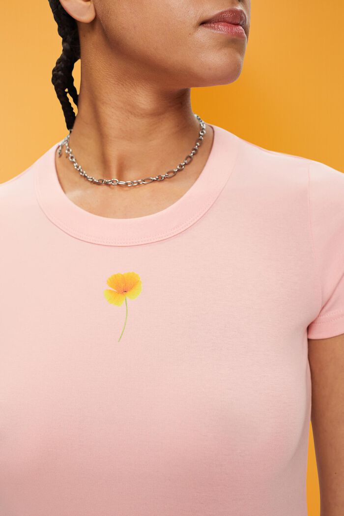 T-shirt z kwiatowym nadrukiem na piersi, PINK, detail image number 2