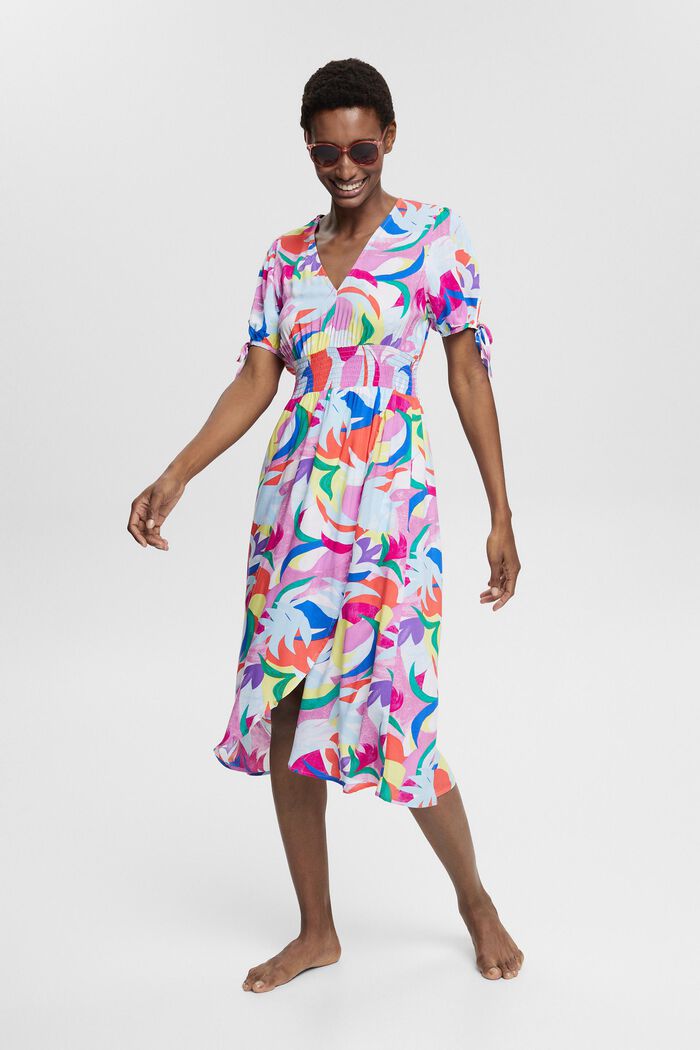Kolorowa, wzorzysta sukienka, LENZING™ ECOVERO™, VIOLET, detail image number 0