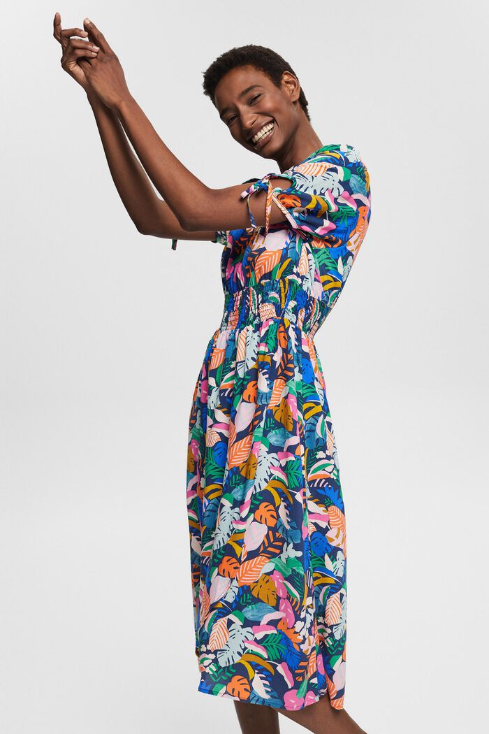 Kolorowa, wzorzysta sukienka, LENZING™ ECOVERO™, NAVY, detail image number 0