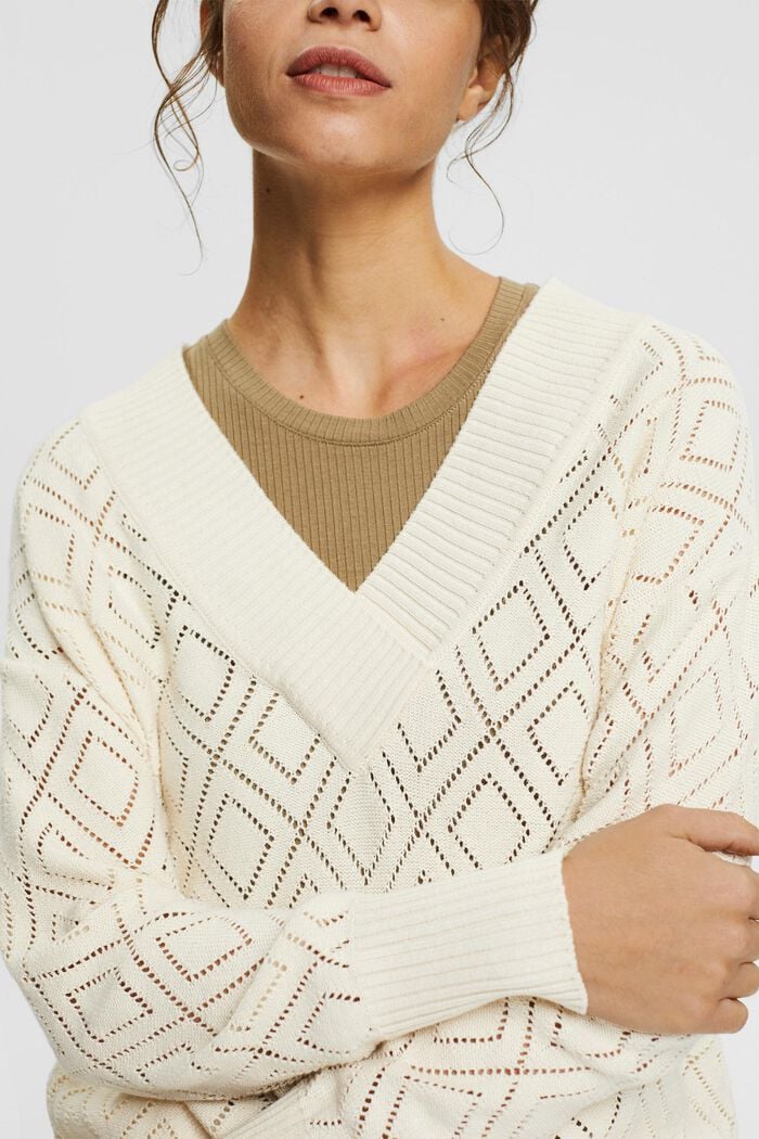 Z lnem: sweter z wzorem z ażurowej dzianiny, OFF WHITE, detail image number 2