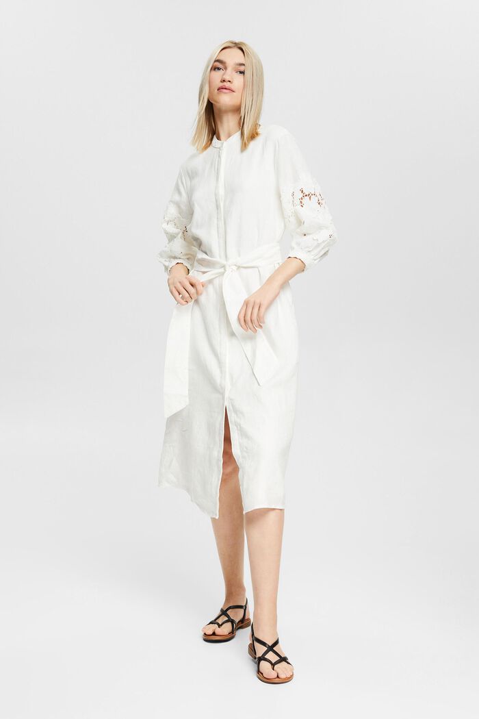 Z lnu: sukienka koszulowa z wiązanym paskiem, OFF WHITE, detail image number 1