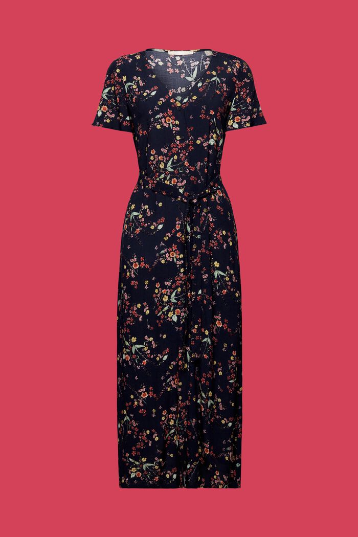 Sukienka midi z kwiatowym nadrukiem i wiązaniem w talii, DARK BLUE, detail image number 6