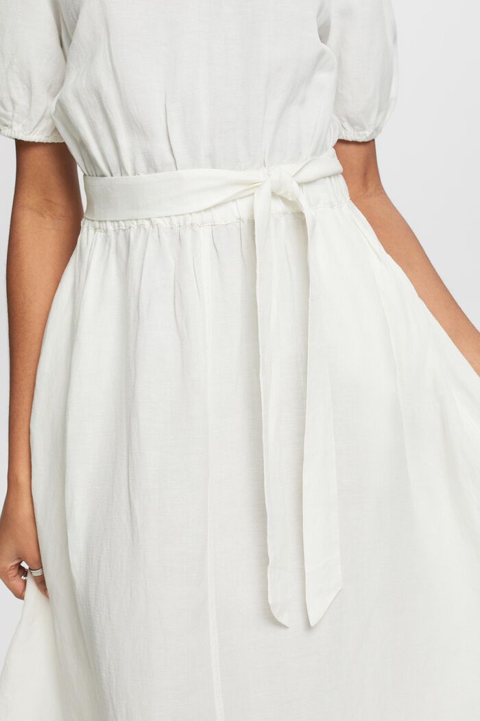 Sukienka midi z bufiastymi rękawami i paskiem, OFF WHITE, detail image number 3