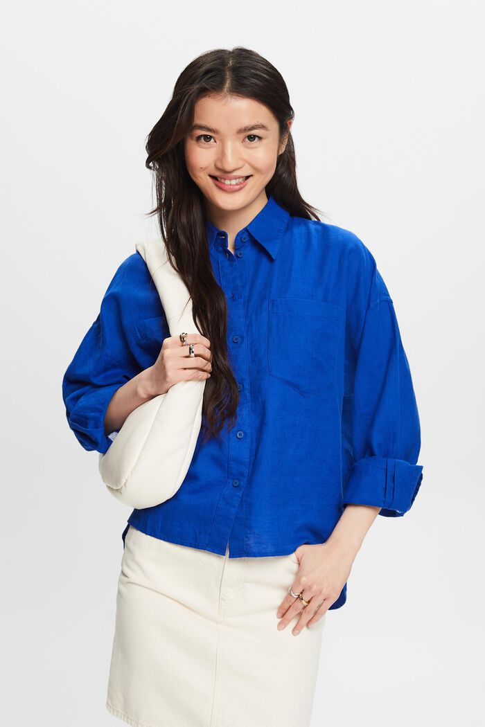 Bluzka koszulowa z lnu i bawełny, BRIGHT BLUE, detail image number 0