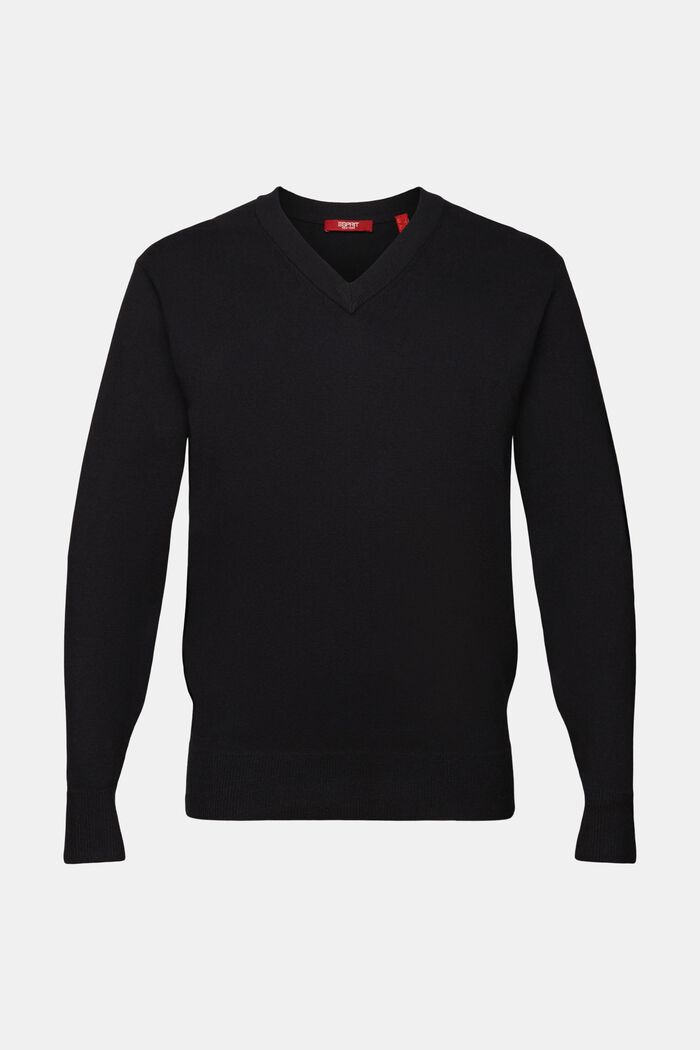 Sweter basic z dekoltem w serek, mieszanka wełniana, BLACK, detail image number 6