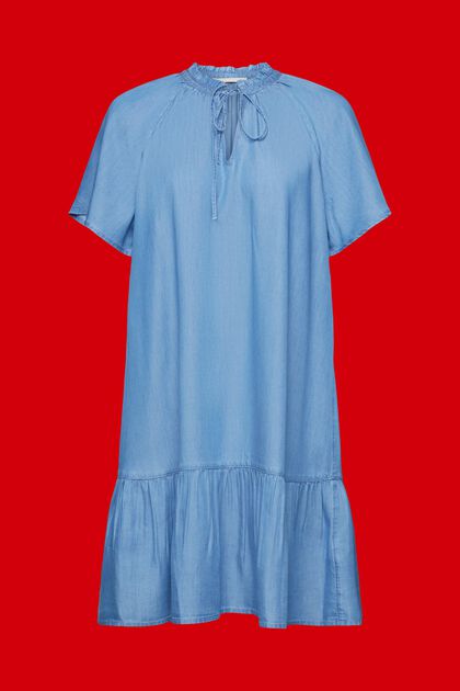 Sukienka z tkaniny chambray z zawiązywanym dekoltem i falbaniastym obszyciem, TENCEL™