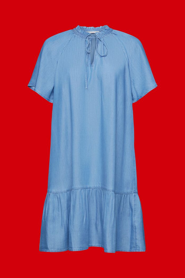 Sukienka z tkaniny chambray z zawiązywanym dekoltem i falbaniastym obszyciem, TENCEL™, BLUE MEDIUM WASHED, detail image number 6