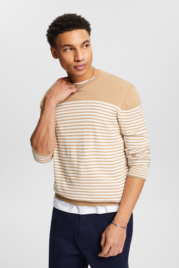 Sweter z bawełny w paski, BEIGE, detail image number 0