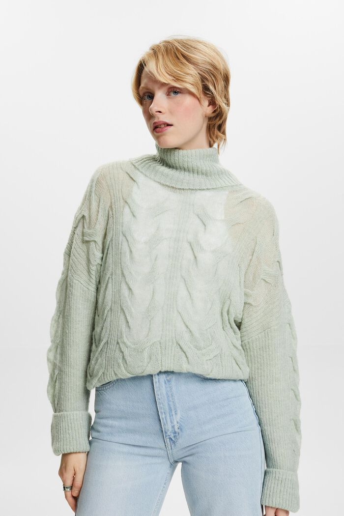 Sweter z półgolfem z wzorem w warkocze, LIGHT AQUA GREEN, detail image number 3