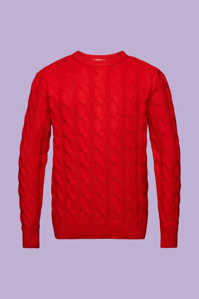 Wełniany sweter z dzianiny w warkocze, DARK RED, detail image number 7