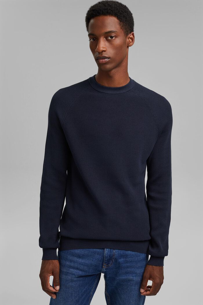 Sweter z dzianiny w prążki, 100% bawełny, NAVY, detail image number 0
