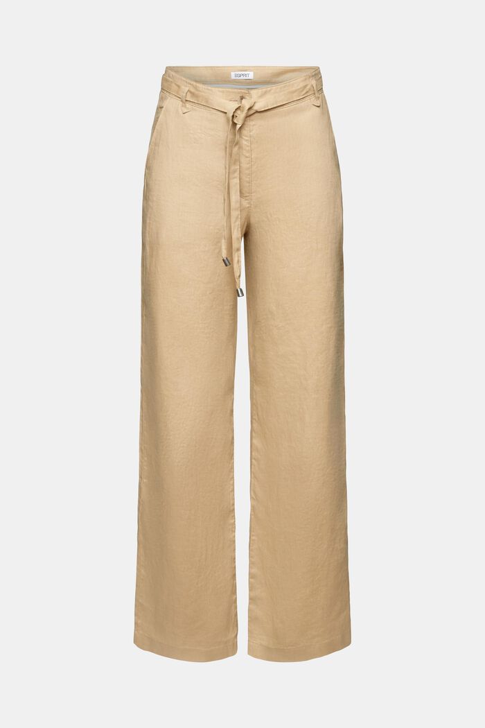 Lniane spodnie z szerokimi nogawkami i paskiem, BEIGE, detail image number 7