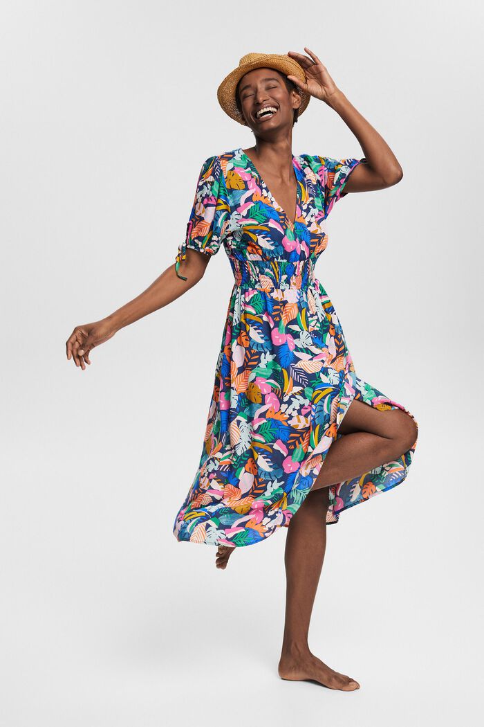 Kolorowa, wzorzysta sukienka, LENZING™ ECOVERO™, NAVY, detail image number 1