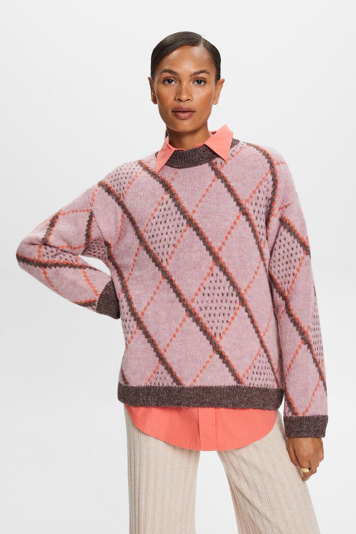 Sweter w kratkę z mieszanki wełnianej, OLD PINK, detail image number 1
