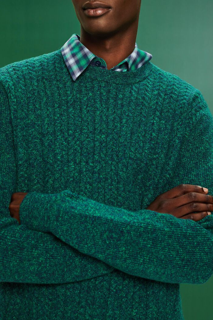 Melanżowy sweter z okrągłym dekoltem z dzianiny w warkocze, GREEN, detail image number 2
