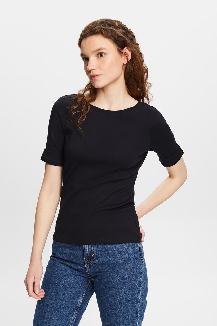 Bawełniany T-shirt z podwiniętymi rękawami, BLACK, detail image number 0