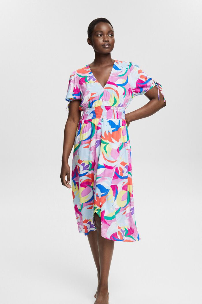Kolorowa, wzorzysta sukienka, LENZING™ ECOVERO™, VIOLET, detail image number 1