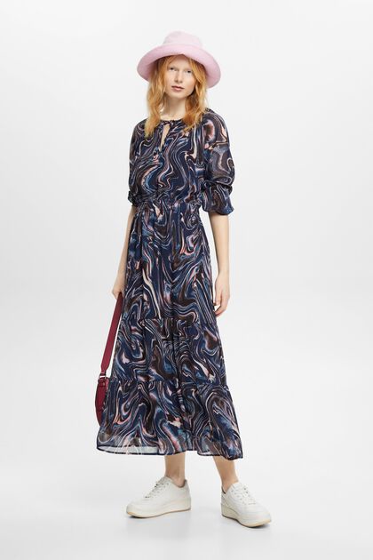 Sukienka maxi z marszczonego szyfonu z rękawami z falbanami