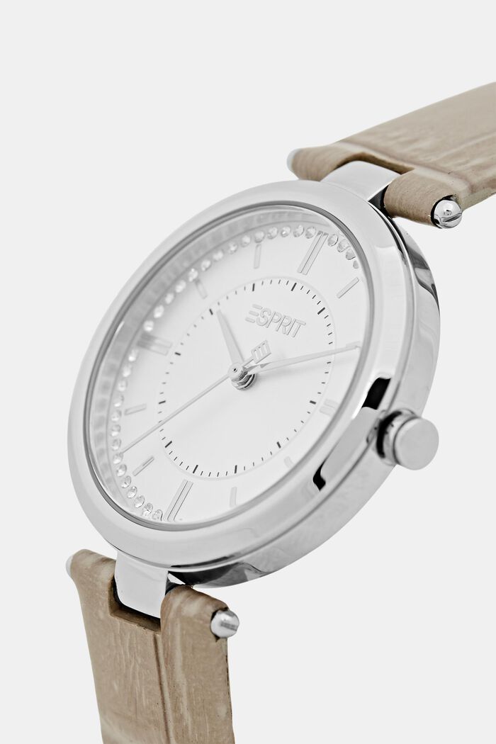 Zegarek ze stali nierdzewnej z fakturalnym skórzanym paskiem, GREY, detail image number 1