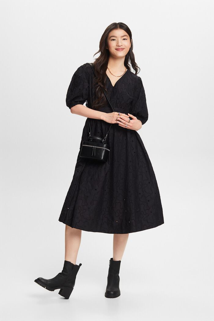 Sukienka midi z bufiastymi rękawami i paskiem, BLACK, detail image number 1