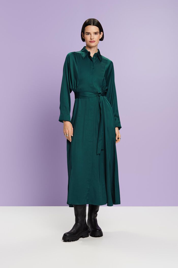 Satynowa sukienka z paskiem, EMERALD GREEN, detail image number 0