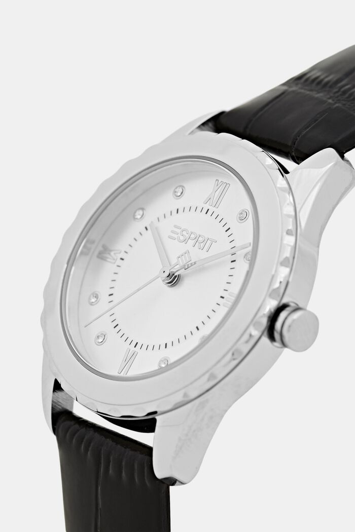 Zegarek ze stali nierdzewnej z fakturalnym skórzanym paskiem, BLACK, detail image number 1