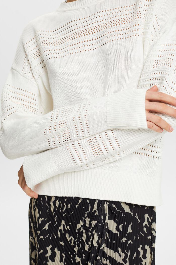 Ażurowy sweter z okrągłym dekoltem, OFF WHITE, detail image number 3