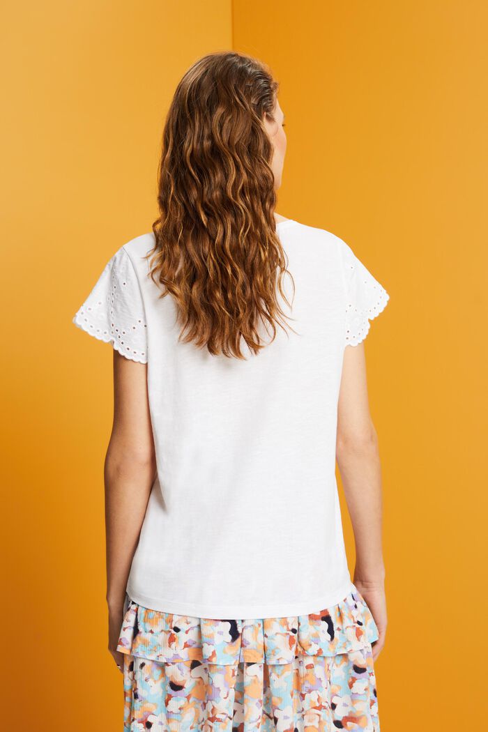 Bawełniany T-shirt z ażurowymi rękawami, WHITE, detail image number 3
