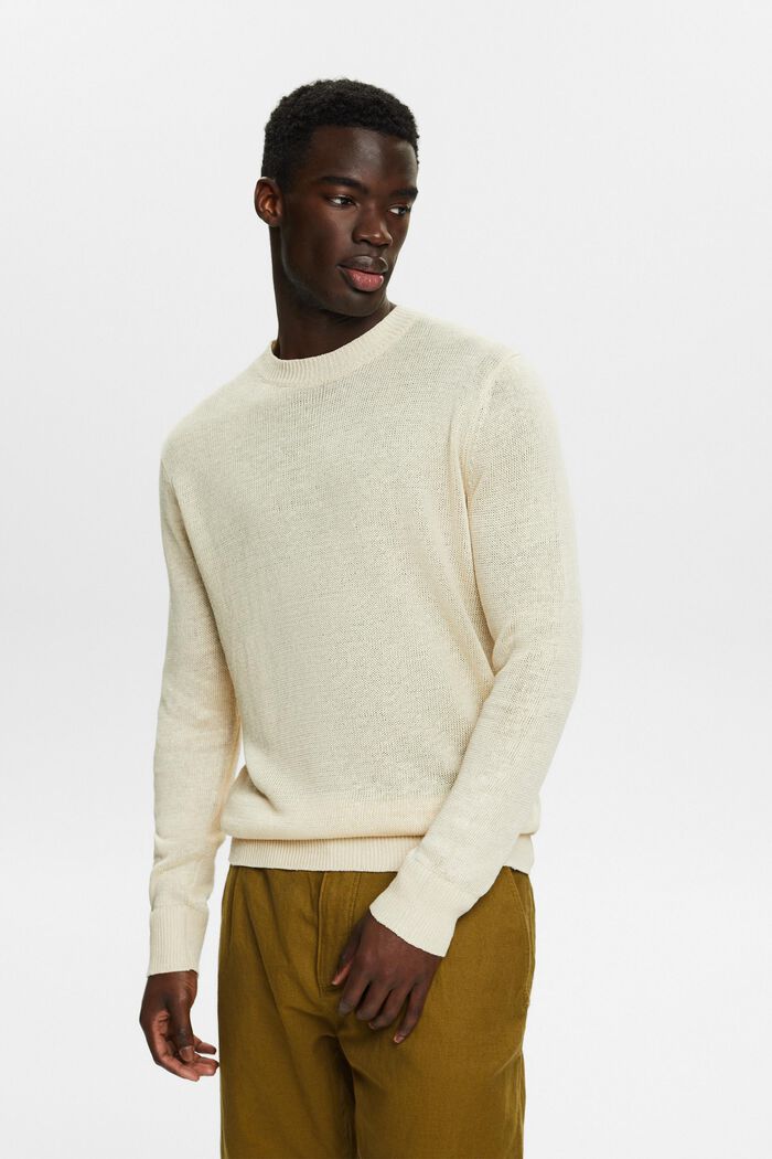 Lniany sweter z okrągłym dekoltem, CREAM BEIGE, detail image number 0