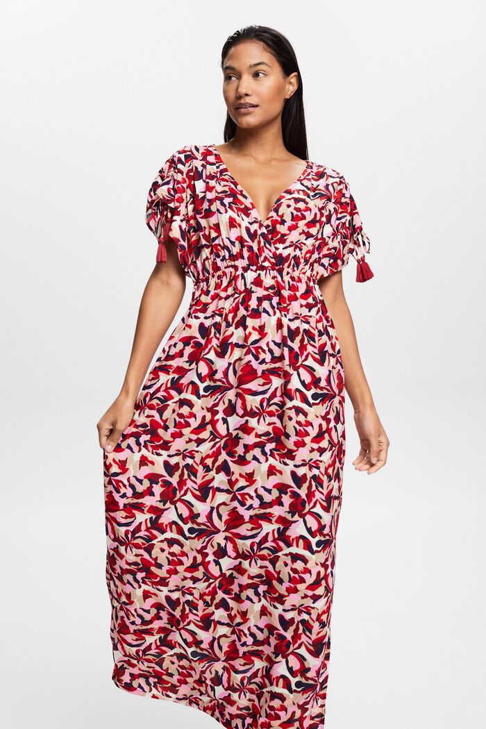 Długa sukienka plażowa z kwiatowym wzorem, DARK RED, detail image number 0