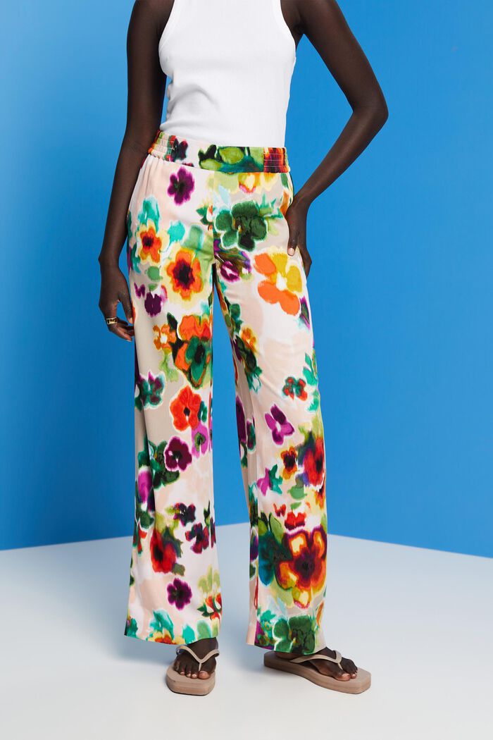 Spodnie z szerokimi nogawkami i kwiatowym nadrukiem, GREEN, detail image number 0