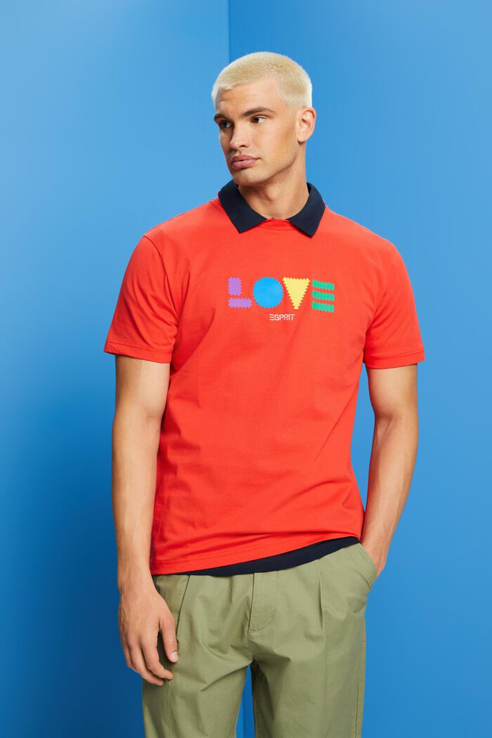 T-shirt z bawełny organicznej z geometrycznym nadrukiem, ORANGE RED, detail image number 0