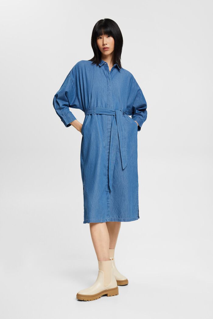 Bawełniana, denimowa sukienka midi z wiązanym paskiem, BLUE MEDIUM WASHED, detail image number 4