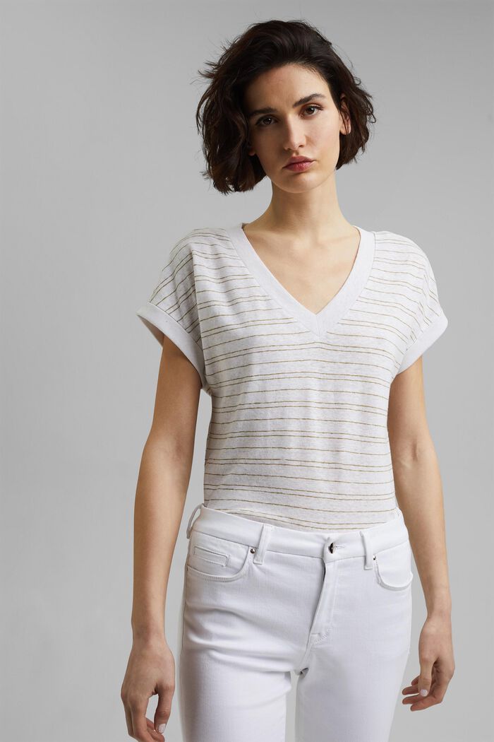 Bawełna/len: T-shirt w paski, WHITE, detail image number 0