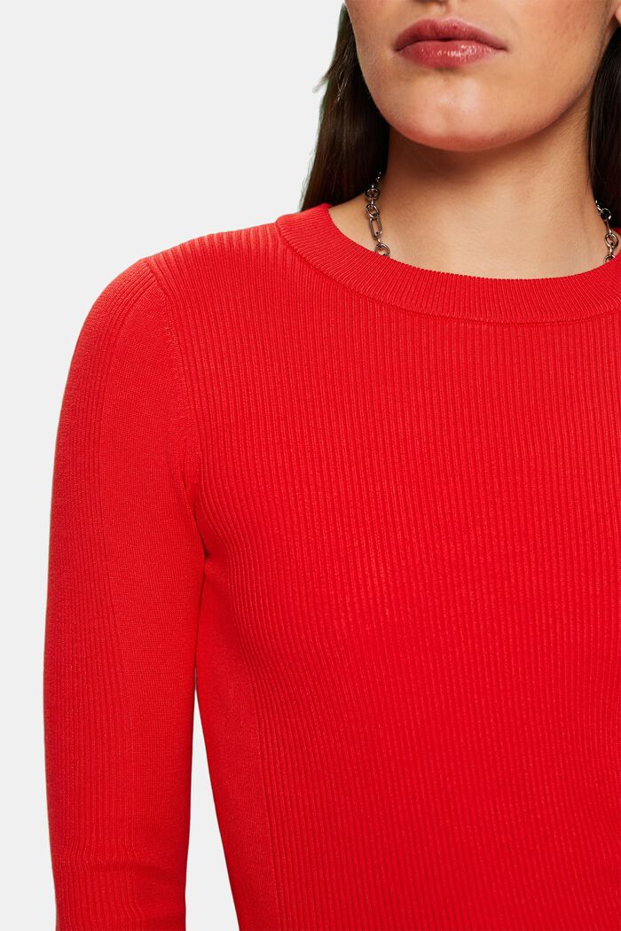Sweter z prążkowanej dzianiny z okrągłym dekoltem, RED, detail image number 3